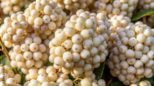 Close-up of white berries clustered on a branch.