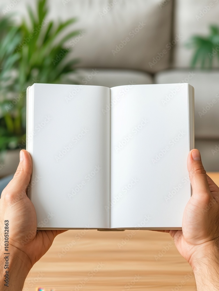 Hands holding a blank open notebook on a wooden table. Hands holding a blank open notebook on a wooden table.