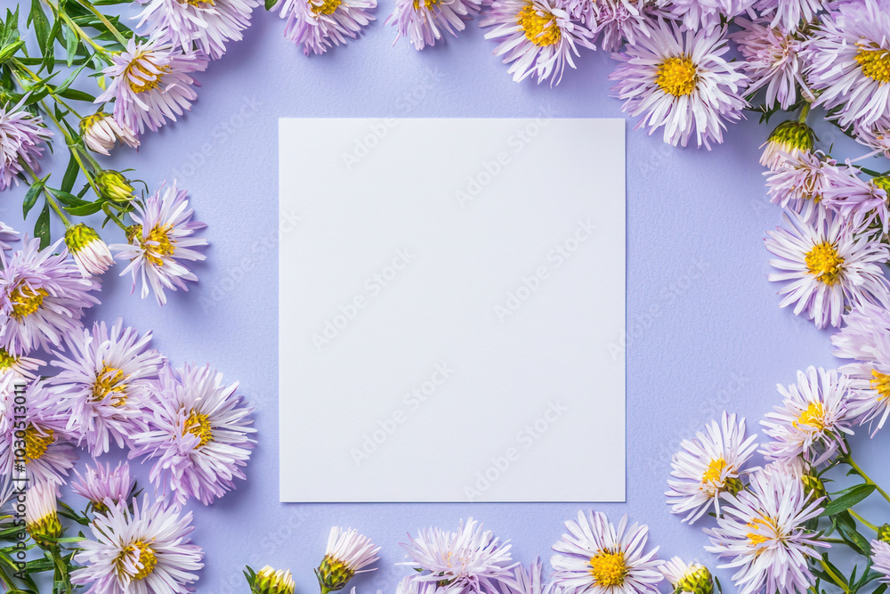Fototapeta premium Asters springtime scenery, nature background. Festive holiday greeting card for Birthday, Woman or Mothers Day, blank copy paper and a greeting card. View from above.