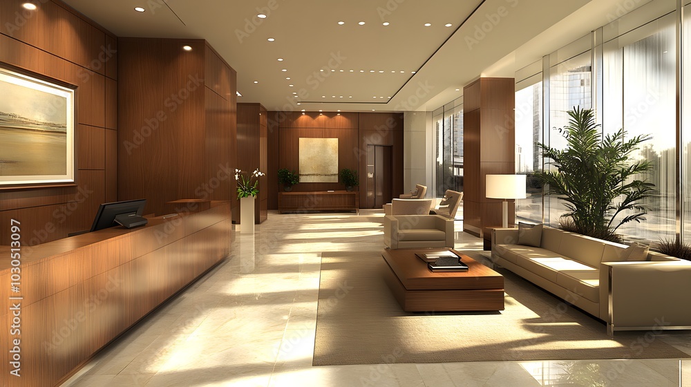 Elegant modern reception area with warm lighting and stylish furnishings. Elegant modern reception area with warm lighting and stylish furnishings.