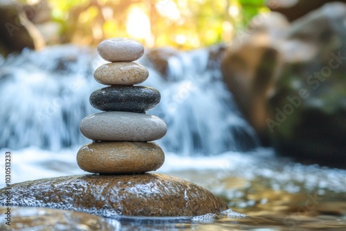 A stack of smooth river stones balanced on top of each other against a blurred waterfall background. 