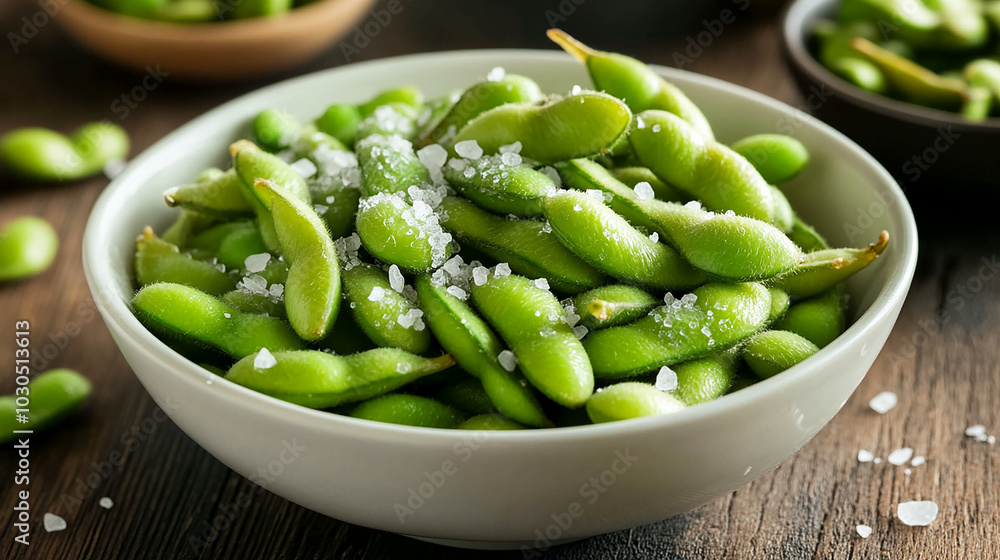 Edamame Sprinkled with Sea Salt in a Bowl, Close-up Edamame Sprinkled with Sea Salt in a Bowl, Close-up
