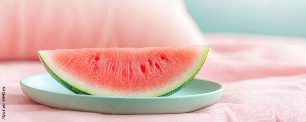 Slice of fresh watermelon on a pastel plate, soft focus, appealing setup. Slice of fresh watermelon on a pastel plate, soft focus, appealing setup.