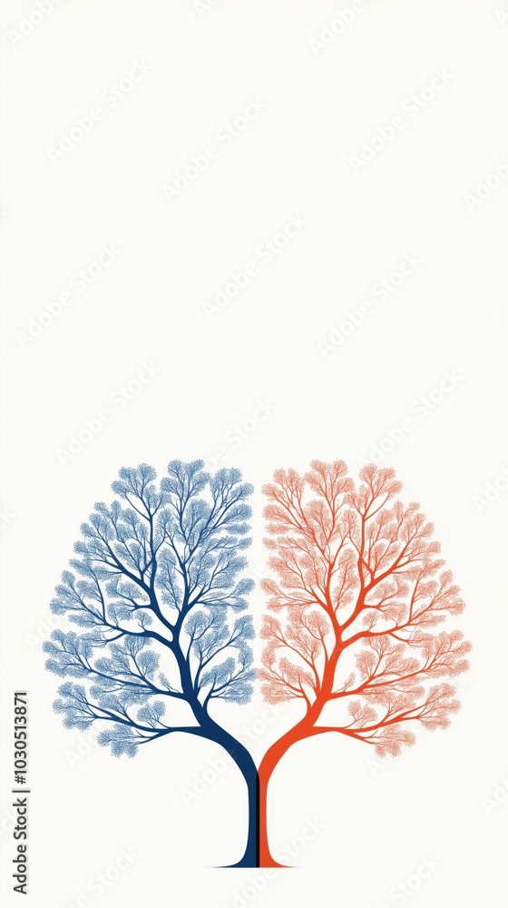 Obraz premium Stylized tree with blue and orange branches, white isolated background.