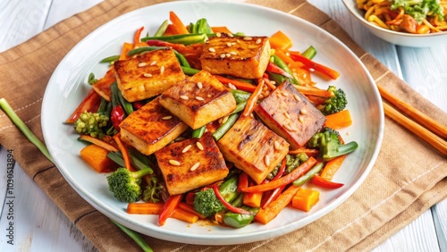 Plate of stir-fried tofu with colorful vegetables.