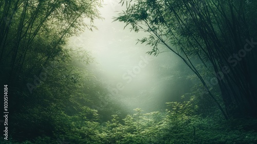 A serene bamboo forest shrouded in mist, evoking tranquility and connection to nature.