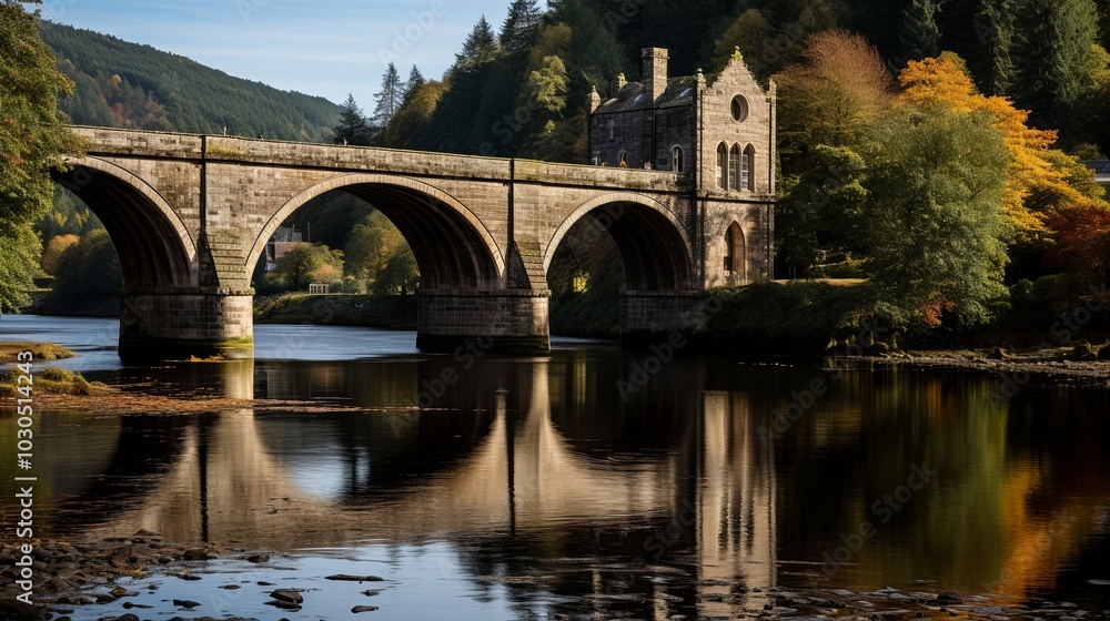 Stone Bridge Reflecting on Tranquil Waters, Amidst Autumnal Foliage and a Historic Structure Stone Bridge Reflecting on Tranquil Waters, Amidst Autumnal Foliage and a Historic Structure