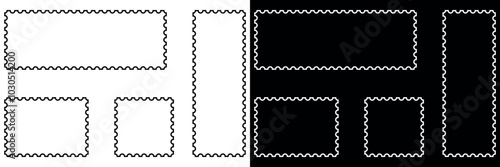 Set of postage stamp sharp straight edge frames. Empty frames collection. Vector illustration isolated in black and white color.