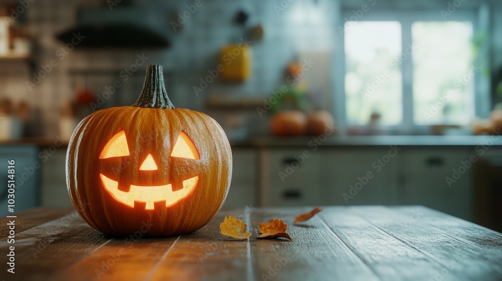 Glowing jack-o'-lantern on rustic kitchen table, creating warm Halloween ambiance with carved grin and triangular eyes, autumn leaves scattered nearby. Glowing jack-o'-lantern on rustic kitchen table, creating warm Halloween ambiance with carved grin and triangular eyes, autumn leaves scattered nearby.