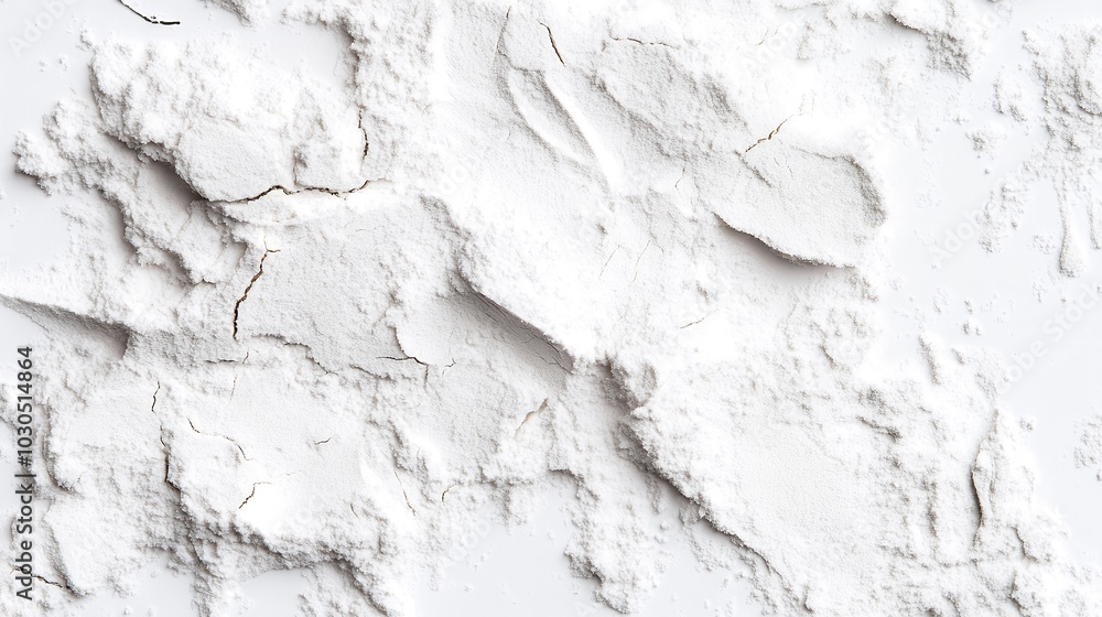 Closeup of white powder scattered on a white surface, creating a textured abstract design. Closeup of white powder scattered on a white surface, creating a textured abstract design.
