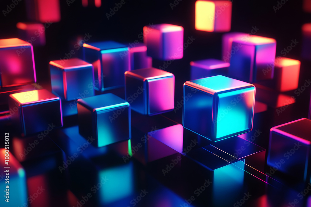 Abstract futuristic background with colorful glowing neon cubes in vibrant colors. Minimalistic technology backdrop Abstract futuristic background with colorful glowing neon cubes in vibrant colors. Minimalistic technology backdrop