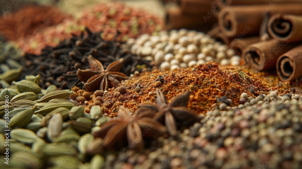 In this image a variety of whole gourmet es are on display including cumin seeds cloves and star anise. The different shapes sizes and textures create a visually intriguing mix highlighting In this image a variety of whole gourmet es are on display including cumin seeds cloves and star anise. The different shapes sizes and textures create a visually intriguing mix highlighting