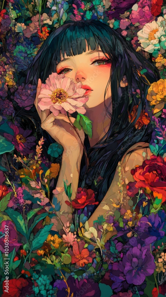 Serene Anime Girl Holding Delicate Flower in Vibrant Floral Garden Serene Anime Girl Holding Delicate Flower in Vibrant Floral Garden