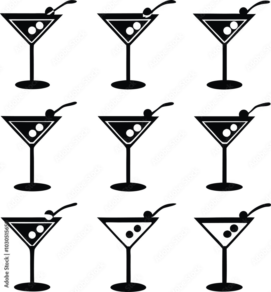 Black and White Cocktail Glasses with Cherries Illustration, Martini Drinks, Graphic Design, Barware, Beverage Icons Black and White Cocktail Glasses with Cherries Illustration, Martini Drinks, Graphic Design, Barware, Beverage Icons