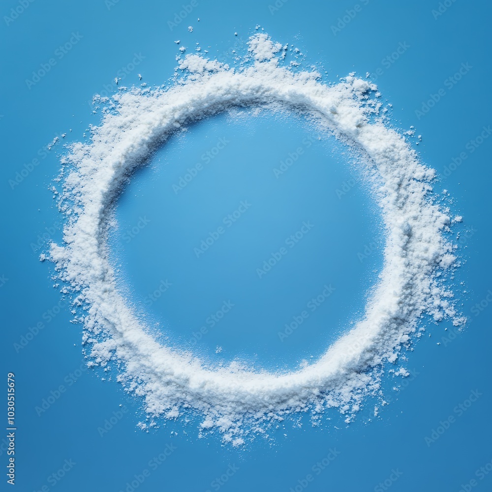 White powder forms a circle on a blue background. Perfect for adding a touch of texture to your designs. White powder forms a circle on a blue background. Perfect for adding a touch of texture to your designs.