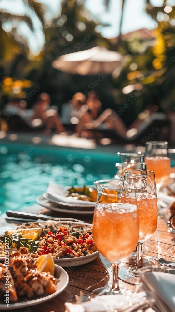 Lively Guests Enjoying Gourmet Brunch by the Poolside Lively Guests Enjoying Gourmet Brunch by the Poolside