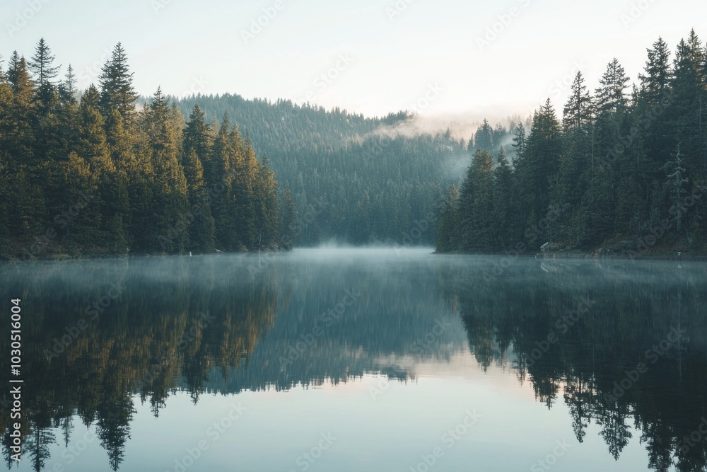A tranquil mountain lake reflecting the surrounding trees and sky at dawn. A tranquil mountain lake reflecting the surrounding trees and sky at dawn.