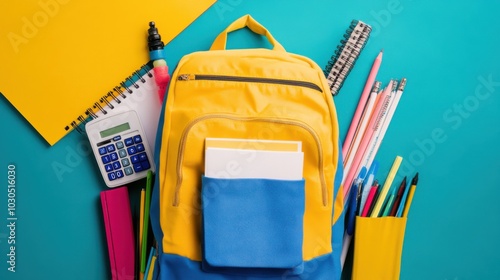 A school backpack containing notebooks, a calculator, and art supplies, perfect for illustrating back-to-school themes in vibrant colors.