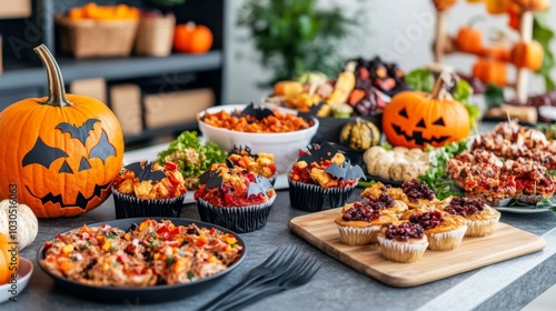 Halloween potluck in a haunted American library spooky dishes like witchs brew soup