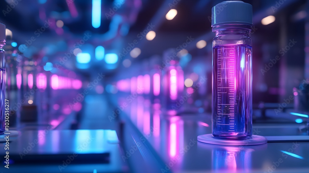 Close-up of a Glass Beaker Filled with Purple Liquid, Lit with Neon Lights in a Science Laboratory. Close-up of a Glass Beaker Filled with Purple Liquid, Lit with Neon Lights in a Science Laboratory.
