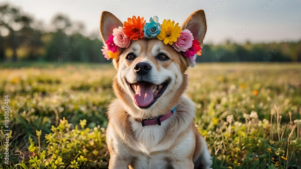 dog with flowers in the park dog with flowers in the park