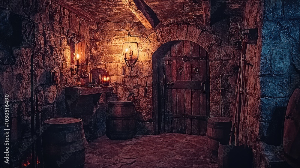 Lively Dungeon Interior with Stone Walls and Warm Light Lively Dungeon Interior with Stone Walls and Warm Light
