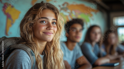 High school students in a modern classroom looking at a world map on the wall, excitedly discussing potential study abroad destinations.
