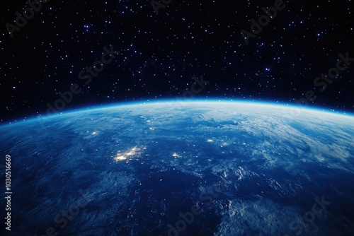 The Earth with a starry sky, a blue atmosphere, space photography.