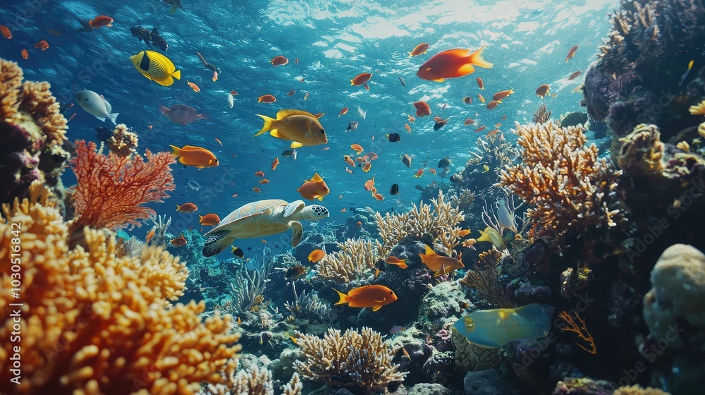Naklejka premium Vibrant Coral Reef Teeming with Marine Life