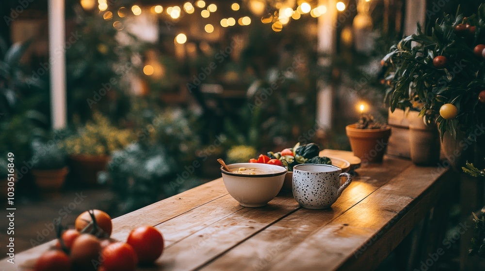 A cozy outdoor dining setup with bowls and fresh produce amidst warm lights. A cozy outdoor dining setup with bowls and fresh produce amidst warm lights.
