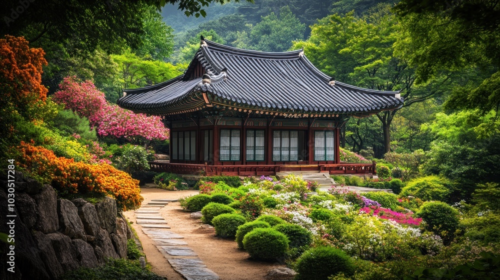 A serene traditional building surrounded by vibrant gardens and lush greenery. A serene traditional building surrounded by vibrant gardens and lush greenery.