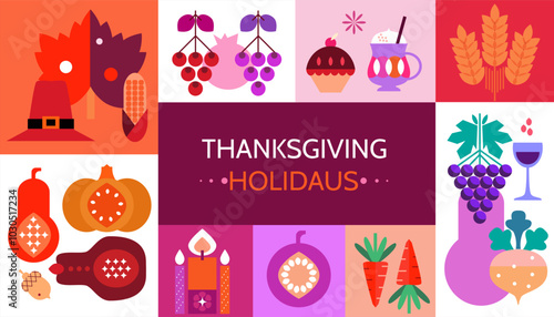 Happy Thanksgiving  Day- template Greeting card with decorations of leaves, pumpkins, sunflower, berry, family dinner of nature.Vector flat icon illustration