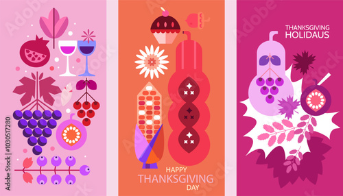 Happy Thanksgiving  Day- template Greeting card with decorations of leaves, pumpkins, sunflower, berry, family dinner of nature.Vector flat icon illustration