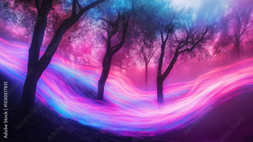 Obraz premium A surreal landscape with glowing trees and flowing light trails in a misty atmosphere.