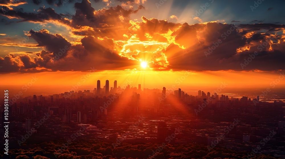 Stunning sunset over a vibrant city skyline, casting rays of golden light. Stunning sunset over a vibrant city skyline, casting rays of golden light.