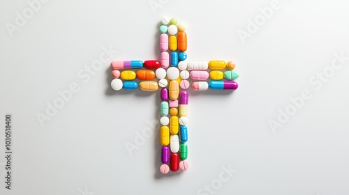 A cross created from pills of varying colors and shapes, arranged on a white background, symbolizing the blend of religion, faith, and trust in medicine.