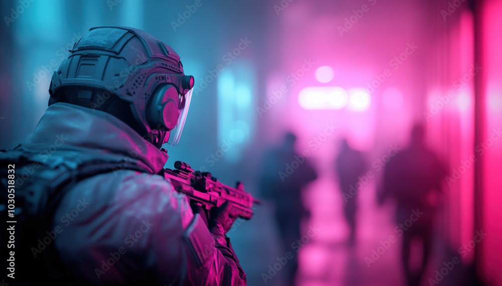 Futuristic soldiers engage in tense standoff in neon lit environment, showcasing advanced technology and contrasting shadows. atmosphere is charged with anticipation and intensity Futuristic soldiers engage in tense standoff in neon lit environment, showcasing advanced technology and contrasting shadows. atmosphere is charged with anticipation and intensity