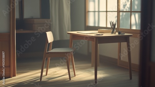 A serene workspace with a wooden desk and chair, illuminated by natural light.