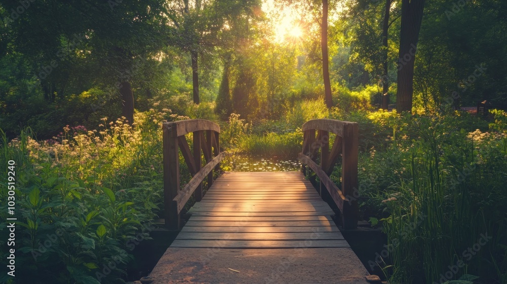 Obraz premium A serene wooden bridge over a tranquil stream in a sunlit, lush green forest.