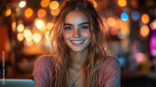 A young woman with long blonde hair smiles at the camera in a dimly lit setting with warm lights. She is wearing a pink sweater and a silver necklace.