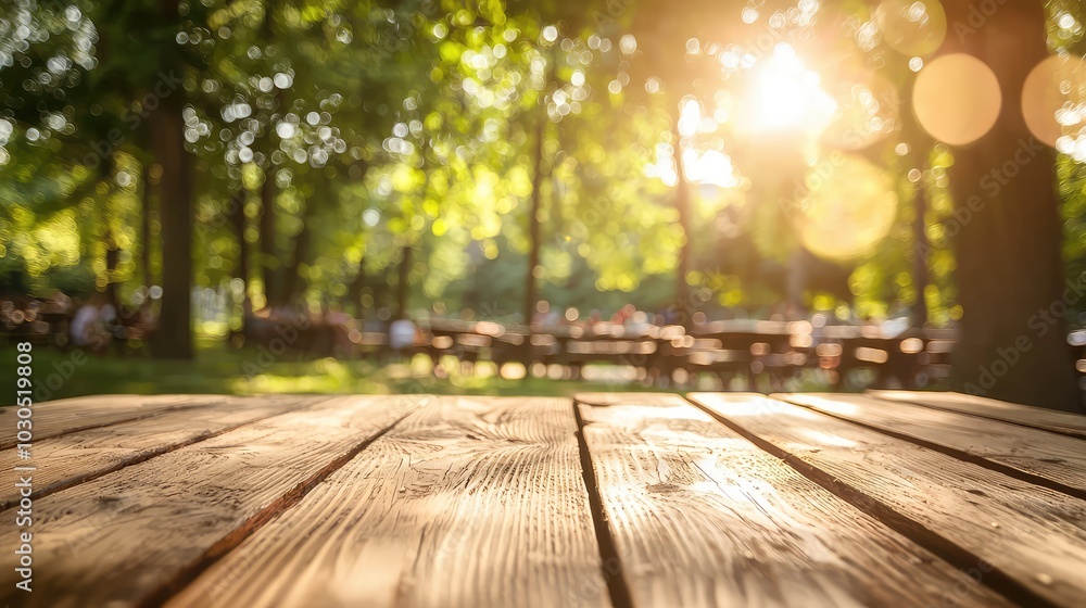 Empty Wooden Table in a Lively Outdoor Setting Empty Wooden Table in a Lively Outdoor Setting