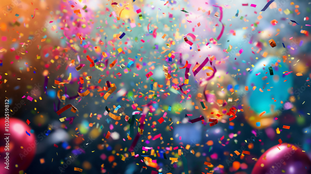 Colorful party poppers exploding with confetti and streamers in mid-air against a vibrant celebration atmosphere filled with bright lights and balloons Colorful party poppers exploding with confetti and streamers in mid-air against a vibrant celebration atmosphere filled with bright lights and balloons
