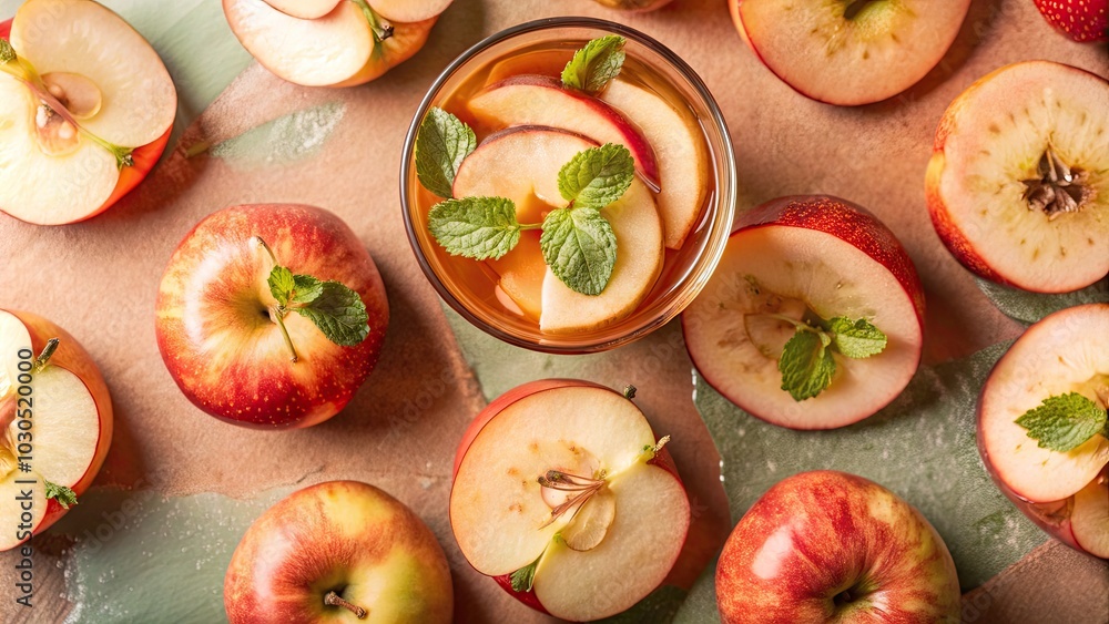 Sliced apples with mint leaves and spices on a wooden board. Sliced apples with mint leaves and spices on a wooden board.