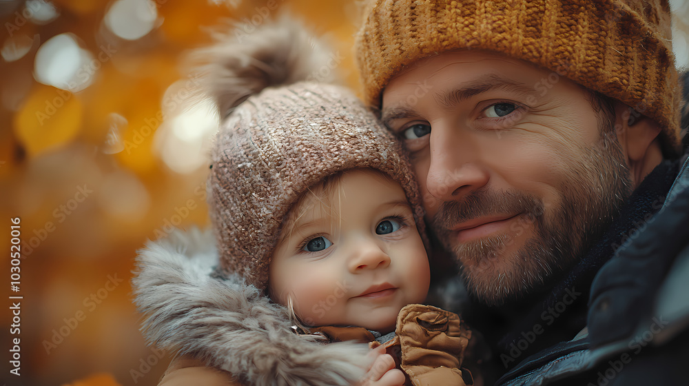 Obraz premium young father play with a little daughter in autumn park. Dad holding baby girl in hands. Happy family