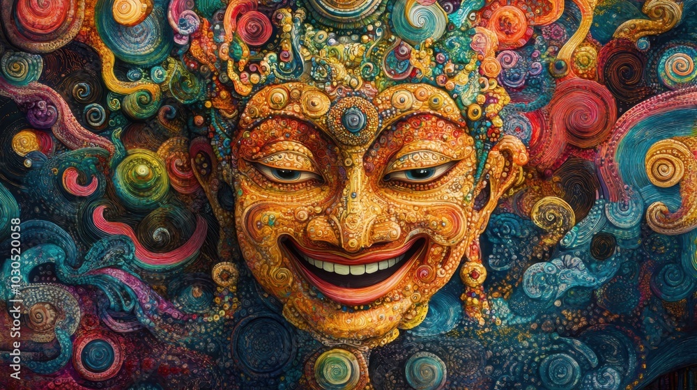 Batukham figure beaming with happiness, with a colorful and detailed abstract background of vibrant swirls and patterns. Batukham figure beaming with happiness, with a colorful and detailed abstract background of vibrant swirls and patterns.