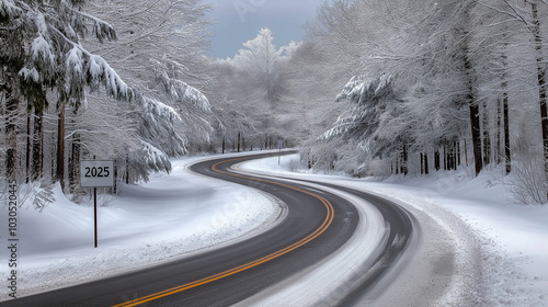 Road in a winter forest with snow-covered trees, curving around a signpost reading "2025"