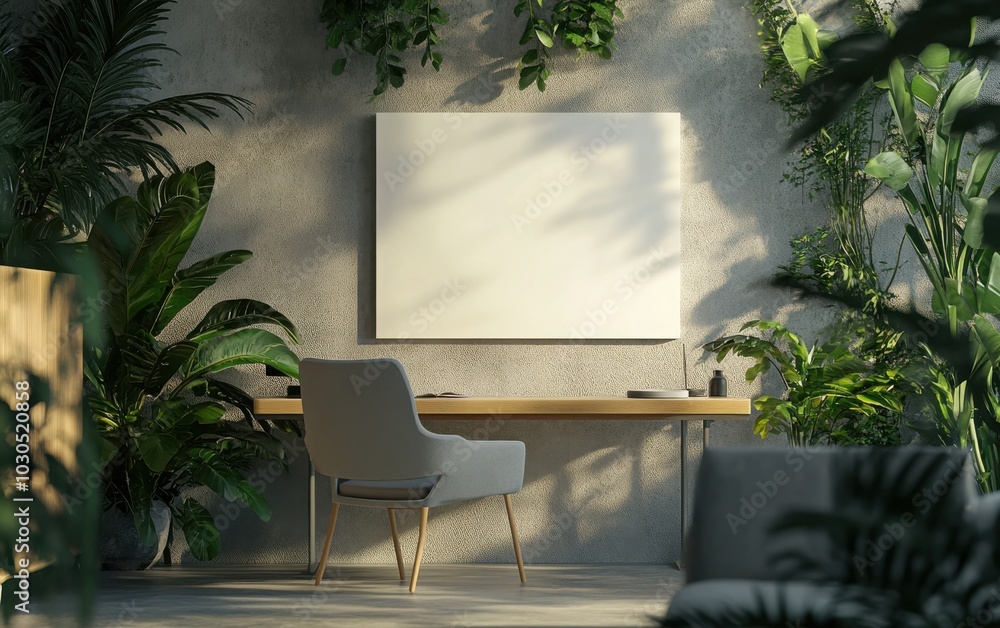 A dynamic 3D design of a modern office with a blank canvas on the wall, featuring a stylish ergonomic chair and desk A dynamic 3D design of a modern office with a blank canvas on the wall, featuring a stylish ergonomic chair and desk