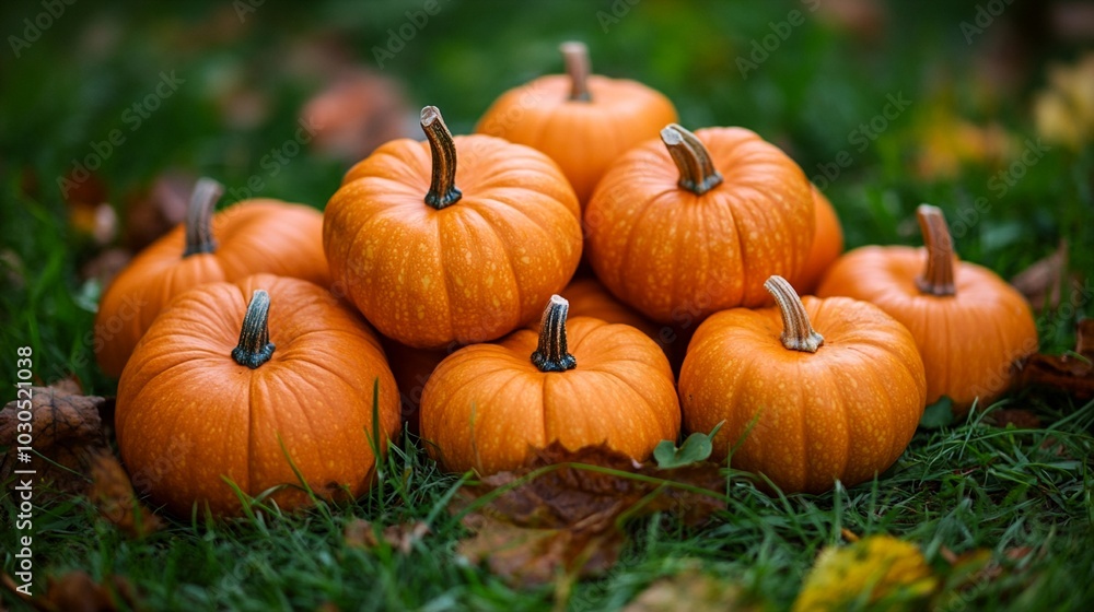 Vibrant orange pumpkins nestled in lush green grass, capturing the essence of autumn's harvest. A close-up view showcases their textured skin and curved stems, evoking fall's cozy charm. Vibrant orange pumpkins nestled in lush green grass, capturing the essence of autumn's harvest. A close-up view showcases their textured skin and curved stems, evoking fall's cozy charm.