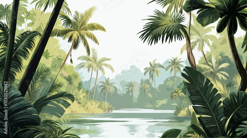 A tranquil tropical jungle scene with lush greenery, palm trees, and a peaceful river. Perfect for travel, nature, and outdoor projects, showcasing the beauty of tropical forests