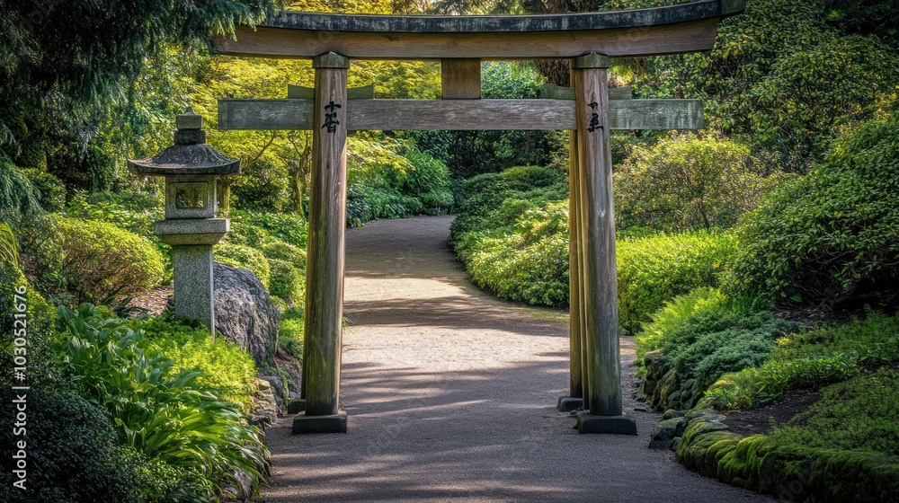 A serene garden pathway framed by a traditional torii gate, inviting exploration and tranquility. A serene garden pathway framed by a traditional torii gate, inviting exploration and tranquility.